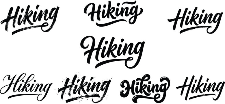 Hiking typography logo collection featuring diverse artistic lettering for adventure brands.