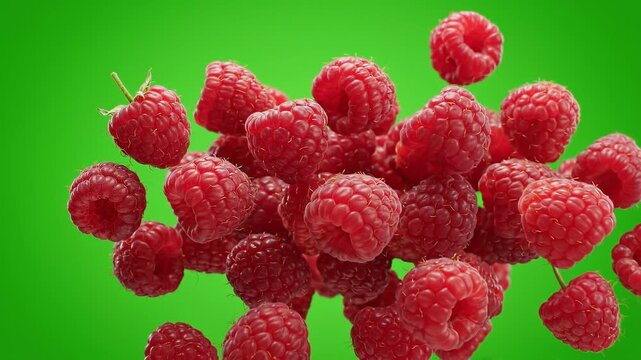 Fresh raspberries floating in air against vibrant green background, 4K close-up
