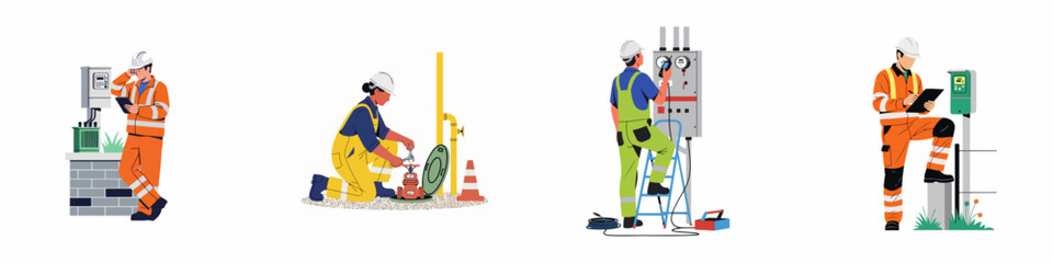 Fototapeta premium Collection of professional utility workers and technicians performing maintenance and inspection on infrastructure systems, flat vector illustration.