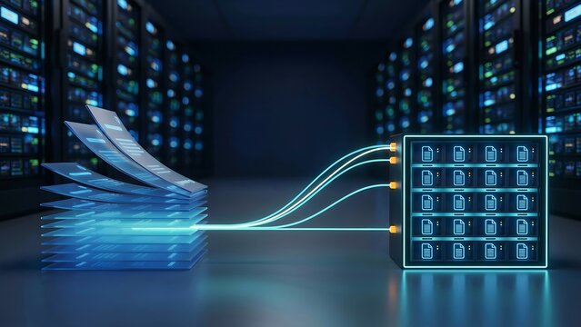 High performance server rack collecting holographic documents representing big data processing and automated backup systems in sophisticated dark tech facility with glowing blue lines.