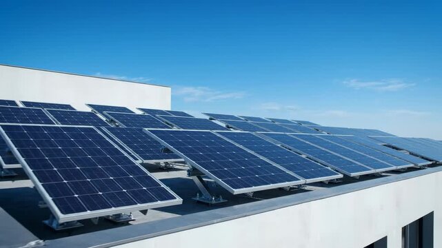 Rows of solar panels installed on a rooftop under a clear blue sky, representing renewable energy and sustainable power generation