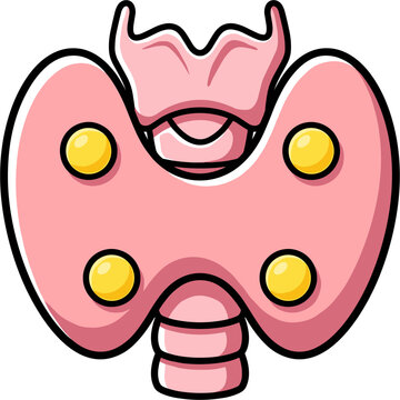 A cartoon illustration of a pink thyroid gland with four yellow circular parathyroid glands. The image is a simple, flat representation suitable for medical and educational purposes in endocrinology.