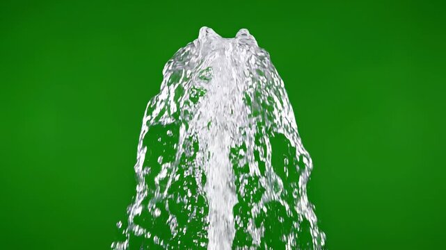 Dynamic water fountain spraying droplets against vibrant green background in 4k