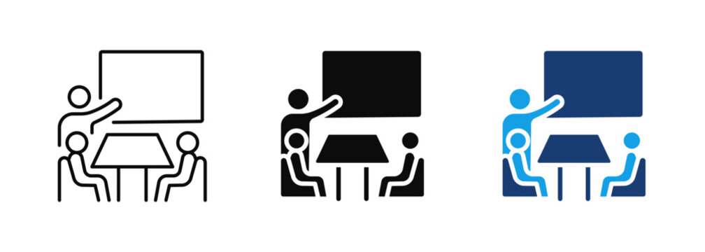 Business Presentation Meeting Icon, Team Discussion, Conference, Training, Workshop, Collaboration, Leadership, Corporate Communication, Editable Vector