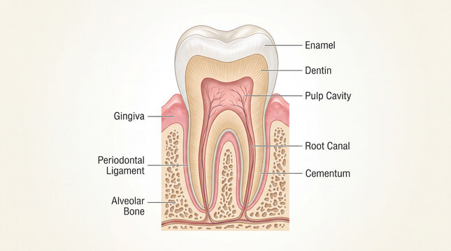 Cross-section visualization of a human tooth showing layers including enamel, dentin, pulp, and gums with labeled anatomy
