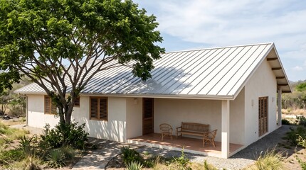 Fototapeta premium Modern Eco Friendly Tropical House Design With Metal Roof And Large Shade Tree