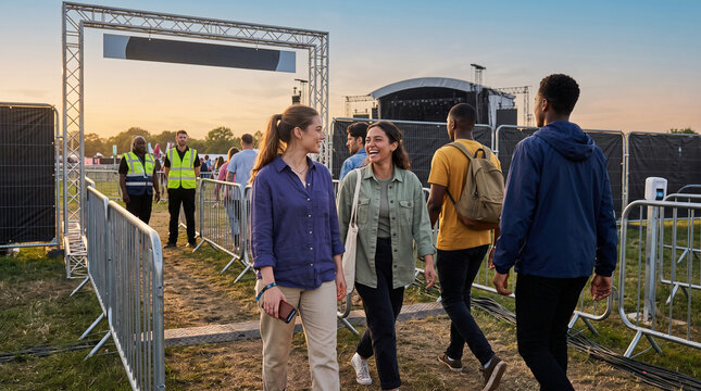 Young adults walking towards concert entrance at outdoor venue  