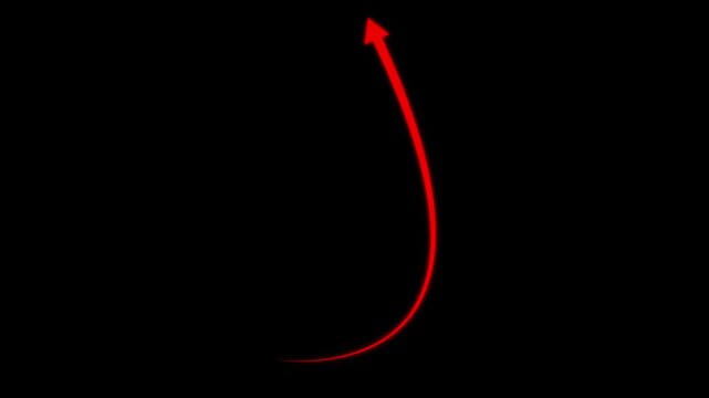 Dynamic red icon arrow soaring upwards with a smooth curve on a black background, channel. Abstract arrow growth chart of economy icon animated down to up arrow animation direction animation.