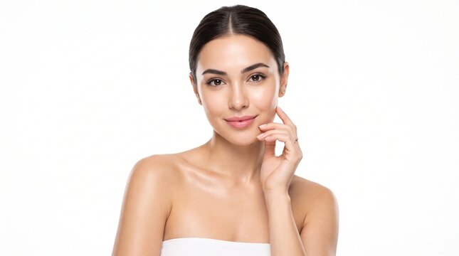 Portrait of a beautiful young woman with flawless glowing skin and dark hair touching her face against a white studio background.