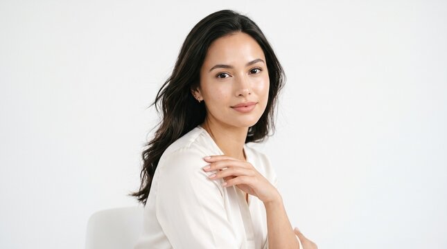 Portrait of a confident young woman with dark wavy hair and clear skin wearing a white blouse, posed against a minimalist white background.
