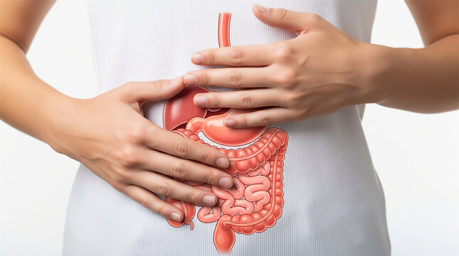 Woman holds her torso to highlight an anatomical illustration of the human digestive tract as a representation of gastrointestinal health issues.