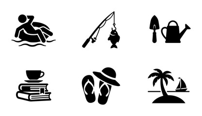 Summer Leisure Icons: Relaxing Float, Fishing Catch, Gardening Tools, Reading Books, Beach Flip-flops, Tropical Island Scene, Vector Graphics © Shahadat