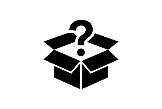 Mystery box icon with question mark, black cardboard parcel vector, surprise delivery package, unknown shipping order