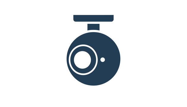 Dark blue flat vector icon of a modern security dome camera on white background representing surveillance safety.