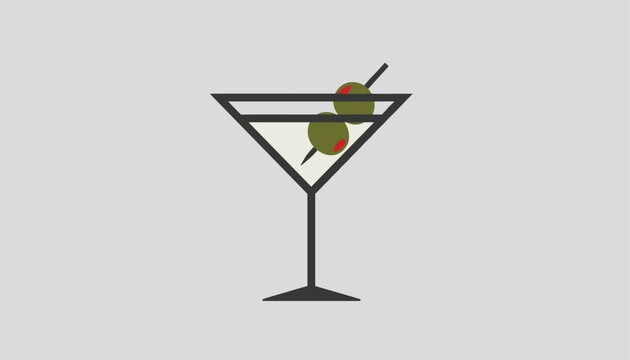 Classic martini glass cocktail illustration with two green olives on a toothpick filled with white liquid over a neutral grey background.