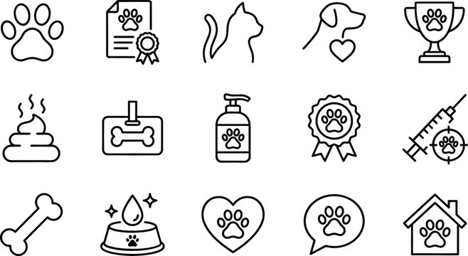 Pet Care and Veterinary Medicine Line Icon Set with Outline Symbols for Cat Health, Dog Training Trophies, Grooming Shampoo, and Puppy Domestic Animal Welfare