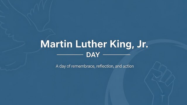 Martin Luther King Jr. Day commemorative banner, blue background with dove and raised fist line art, MLK Day social media graphic for remembrance, reflection, and action