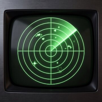 Retro sci-fi radar screen element, glowing green on pure black background, CRT scanlines