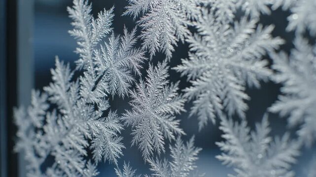 delicate frost patterns on a window pane, intricate ice crystals forming natural snowflake designs, winter close up macro shot, cold blue atmosphere