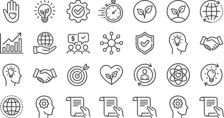 Fototapeta premium Corporate Social Responsibility and Sustainable Business Strategy Line Icon Set with Outline Symbols for Green Innovation, Global Ethics, and Environmental Management Compliance