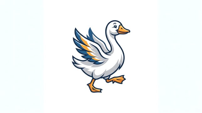 Vector illustration of a cheerful cartoon goose mascot walking with spread wings, featuring a dynamic blue and orange feather design on a clean white background