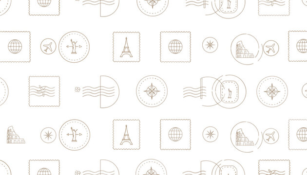 Elegant seamless pattern of travel passport stamps and landmark icons in light brown lines on a white background.