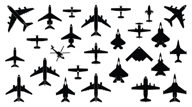 Various black airplane silhouettes collection featuring commercial jets military aircraft and small private propeller planes isolated
