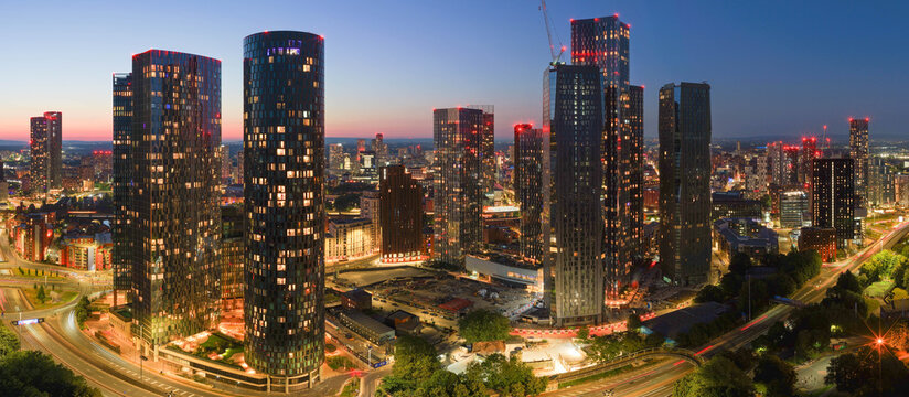 Panoramic Dusk View of Modern Manchester Skyscrapers and Skyline