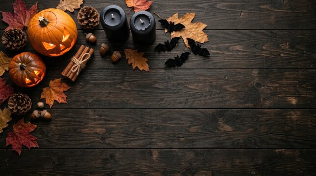 Halloween wooden flat lay background with carved jack o lanterns and black with copy space