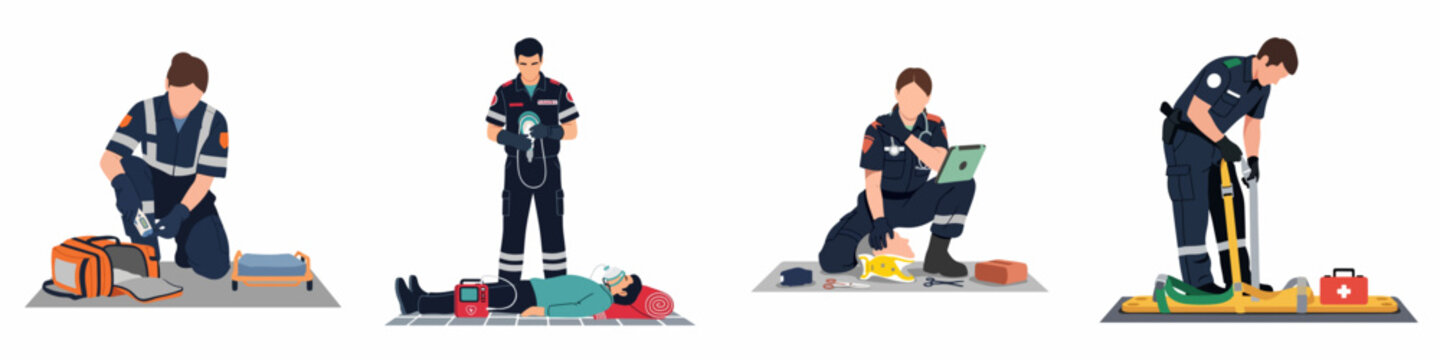 Set of professional paramedics and EMTs performing emergency medical services, first aid, and patient care, flat vector illustration isolated on white background.