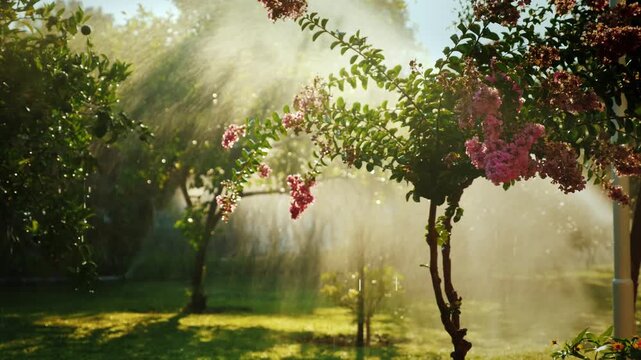 Sunlight rays through garden sprinkler watering pink flowers and green trees in morning light.