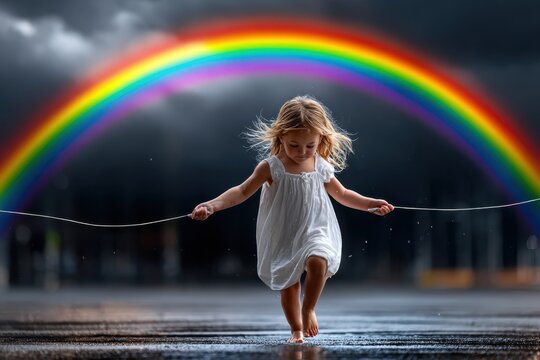 Child jumping rope under a vibrant rainbow after a rainstorm in a playful outdoor setting