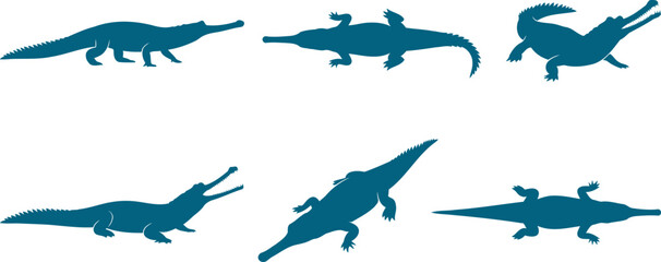 Obraz premium Gharial thin snout crocodile silhouette pack illustrating unique river reptiles in motion