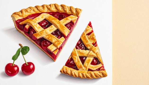 Golden cherry pie slices with lattice crust and fresh cherries symbolizing sweetness, warmth, and tradition.