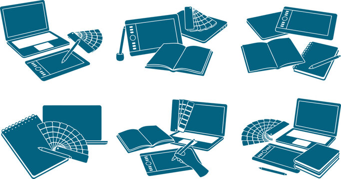 Graphic design workspace equipment silhouette pack arranged isolated on a transparent background