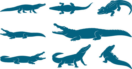 Naklejka premium Pack of alligator silhouettes with open mouths crawling on transparent background vector