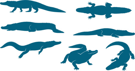 Naklejka premium Set of alligator and crocodile silhouettes crawling in various poses on white