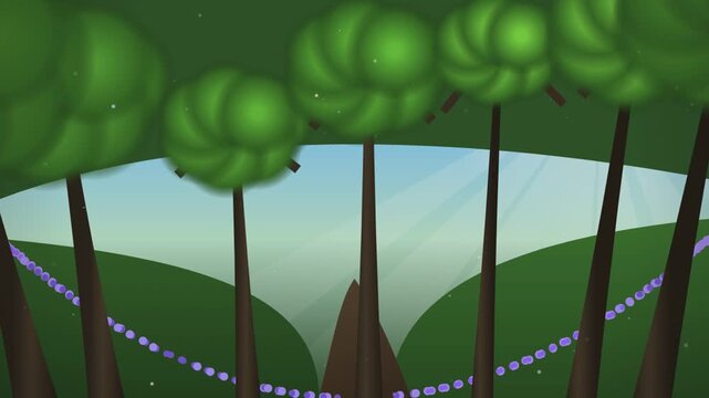 Whimsical forest landscape with floating flower garlands a flat illustration featuring a row of trees with spiraled crowns and delicate of purple flowers hanging