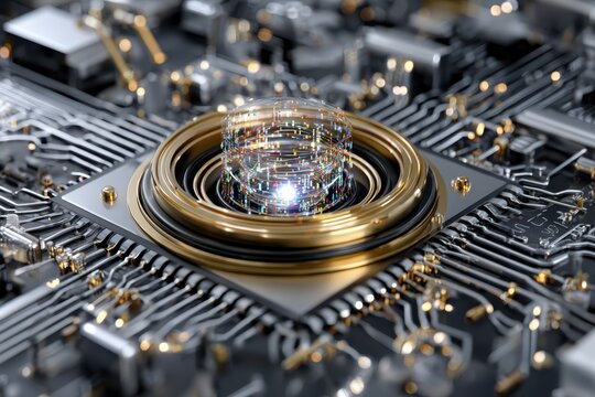Complex circuitry design features a luminous orb on a microchip