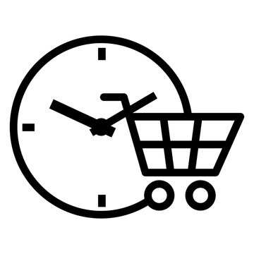 Icono de tiempo de compras con el dibujo sencillo con l&iacute;neas de una esfera de reloj con un carrito de la compra 