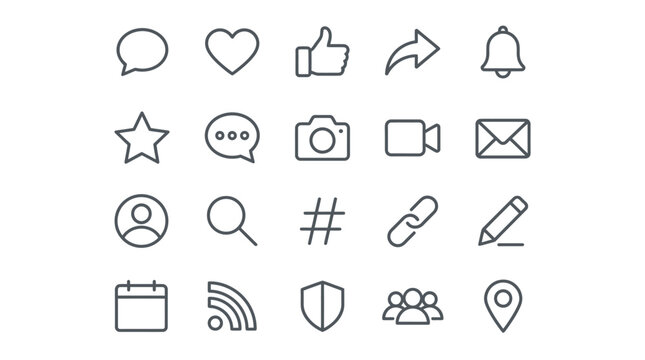 Interface icon set containing various social media and communication symbols provides a versatile toolkit for developers and designers building intuitive user experiences for mobile applications.