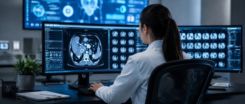 Female Radiologist Supervising Magnetic Resonance Imaging Examination in Modern Hospital, Rear View