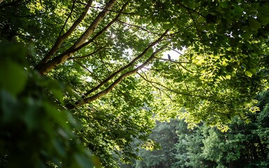Fototapeta premium Sunlight Filtering Through Lush Green Tree Canopy in a Summer Forest Creating a Beautiful Starburst Effect