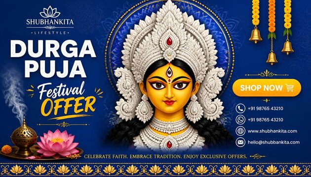 happy durga puja festival sale banner template design navaratri offer banner with blue background