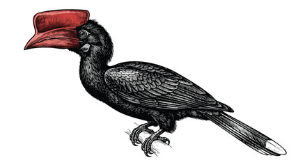 Obraz premium Detailed illustration of a black hornbill with vibrant red beak