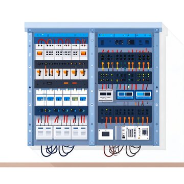 Blue industrial electrical control panels with relays and switches.