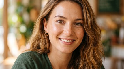 Obraz premium Close-up of a smiling young woman with wavy brown hair and hazel eyes, radiating a natural glow in a brightly lit indoor setting.