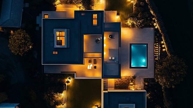 Architectural Aerial View of Modern House with Pool at Night