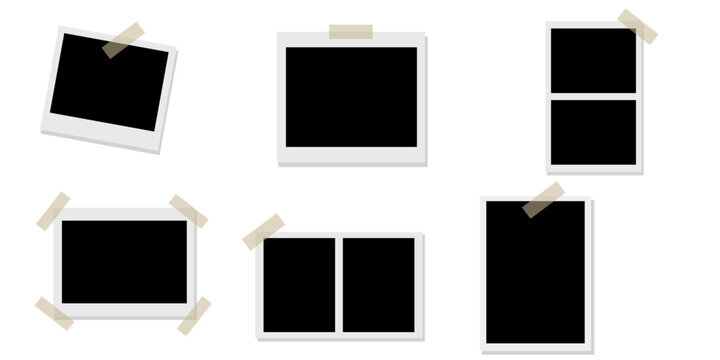 Set of blank photo frames with adhesive tape, empty polaroid style picture frames with tape strips for memories, vector illustration design elements