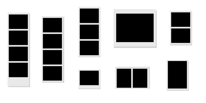 Set of blank photo booth strips and frames, collection of empty polaroid style picture frames with white borders